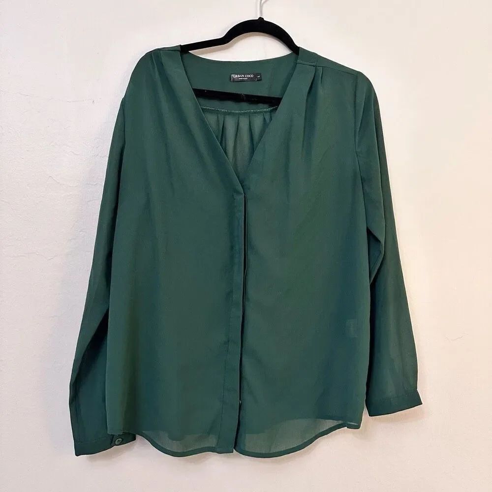 Urban Coco V Neckline Blouse Long Sleeve Pleated Relaxed Fit Green Large